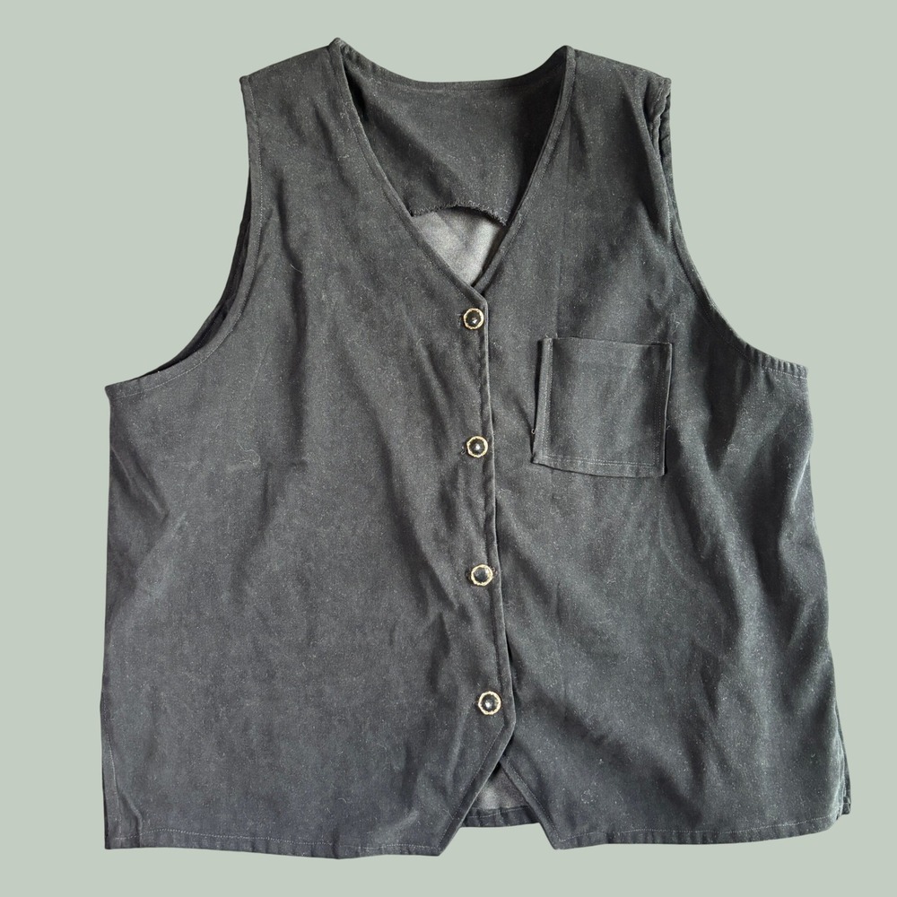 Womens Vest XL Black Faux Suede Gold Button V-Neck Waistcoat Whimsigoth Witchy